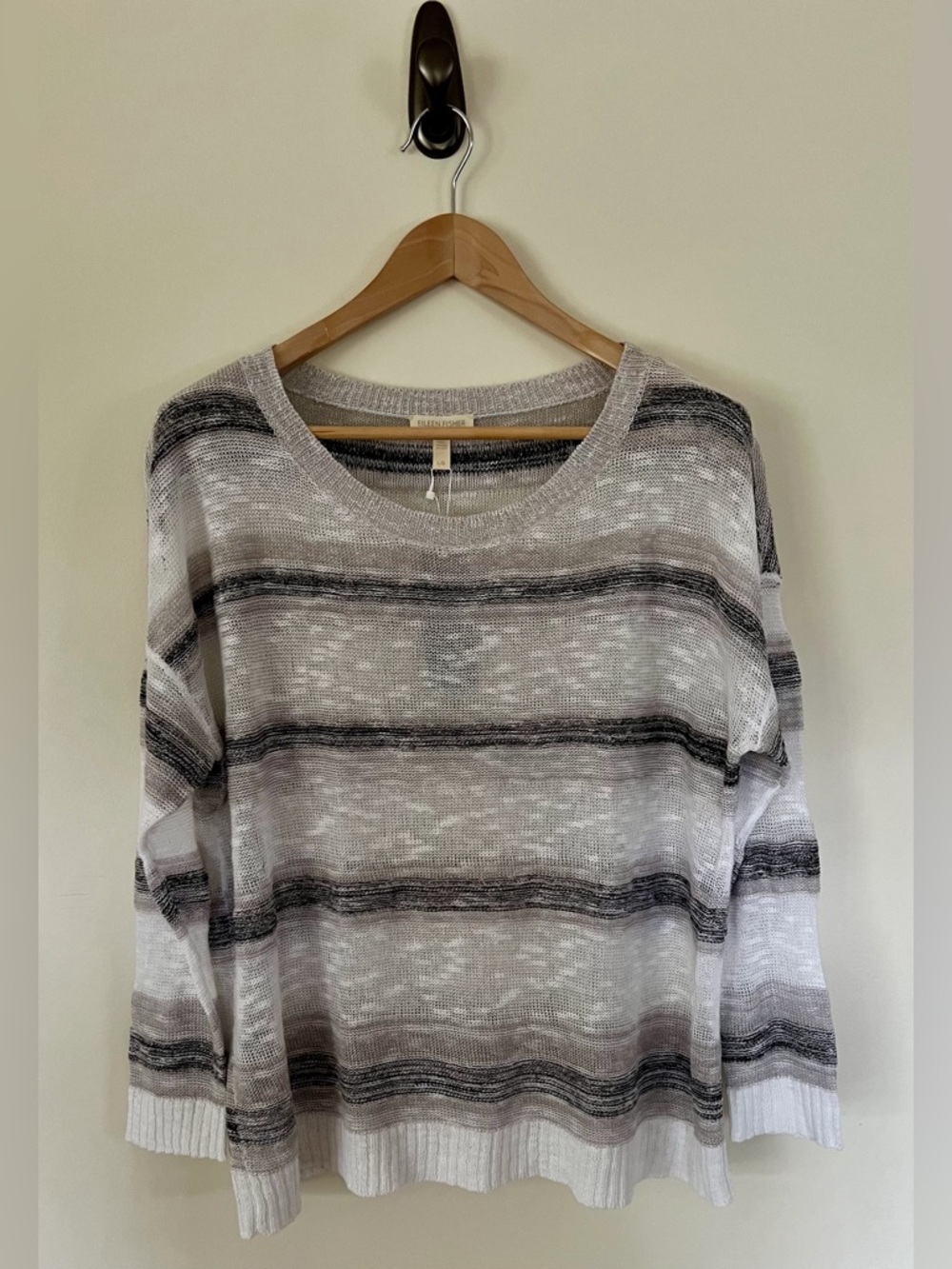 Eileen Fisher Striped Linen-Cotton Sweater Black, Tan & White